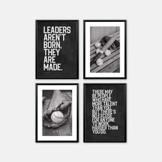 four black and white framed pictures with baseballs, bats, and words on them