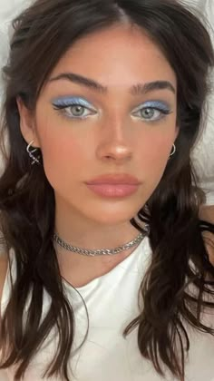 Disco Outfit Makeup, Abba Makeup Ideas, Disco Cowboy Makeup, Make Up Looks For Concerts, Subtle Festival Makeup, Abba Eye Makeup, 80s Blue Makeup, Abba Themed Makeup, Mama Mia Makeup Look