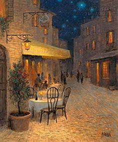 a painting of people sitting at tables in an alleyway with the moon shining down