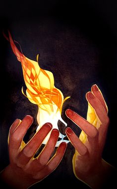 two hands holding something in front of a fire with flames coming out of the top