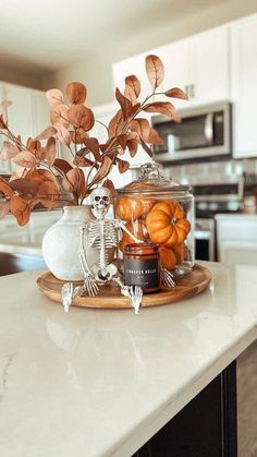 a white counter top with a vase filled with pumpkins and skeleton figurines