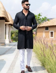 HANDMADEKURTASHOP  We deal with a variety of clothes viz Indian kurta , African clothing, beautiful clothing with links on the hands. Men Chikankari Suit, Mirror work Kurta men's, men's tunic, men's fashion Give yourself the best ethnic look by wearing this Top and Bottom Set. Made of rich cotton blend fabric this regular-fit set comprises a full-sleeved Indian kurta This outfit with Morris will look apart on special occasions. material 100%Cotton Chikankari Color : Black color Kurta Length : 40 inches Chikankari work kurta  Kurta Pajama set Shirt Chest is measurement for shirt (not body) As per standard, for best loose fitting 6 inches gap should be there between actual chest size and shirt chest size Size chart is below Men's Sizes Actual Body Chest - Ready Shirt Chest i Add 6" Inches Lo Black Kurta Pajama Men, Kurta Black, Mens Tunic, Mens Kurta Pajama, Chikankari Work, Kurta For Men, Chikankari Suits, Kurta Men, Mens Kurta