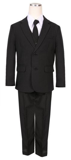 Classic cut formal suit with all the items required for any formal events.  The sets include: White Dress shirt with pin tuck front, fully lined vest, adjustable neck tie, classic cut jacket, formal pants.  The main parts of the suits are made from polyester with the shirt made from a poly-cotton blend.   Your little man will surely be a stand out with this perfect suit in any events. PLEASE SEE OUR PICTURE COLLECTION FOR THE COMPLETE SIZE CHART Product Features: *         5-Piece MATCHING suit Boys Formal, Tie Vest, Baptism Outfit, Sailor Suit, Formal Suit, Formal Pants, Sailor Dress, Tuxedo Suit