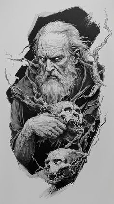 a drawing of an old man holding a skull