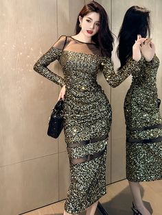 Celebrtiy Vintage Evening Dress Women's Fashion Style Exquisite Bright Shiny Sequin Sheer Mesh Evening Long Dress, Vintage Evening Dress, Bodycon Gown, Long Dress For Women, Casual Evening, Solid Color Dress, High Quality Dress, Women Long Dresses, Gold Sequin