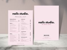 the nail studio price list is displayed on a marble countertop next to a pair of scissors