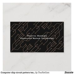 a computer repair technician business card on a white marble surface with black and gold lines