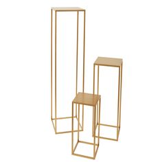 three metal and wood side tables with one sitting on the other, both standing upright