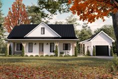 a white house with black roof and two garages in the front yard surrounded by fall leaves