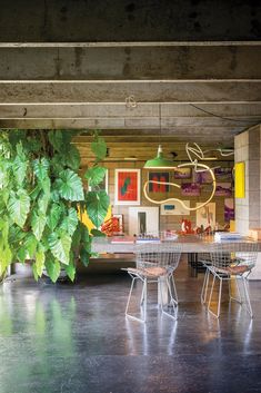 a dining room with chairs and plants in the background, under an overhanging ceiling