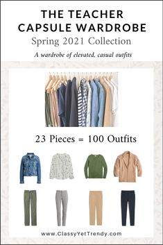 Teacher Capsule Wardrobe Spring 2021 - 100 outfit ideas from just 23 clothes and shoes, so you can wear a different outfit everyday of the season! Includes a tee, shirt, blouse, top, cardigan, sweater blazer, denim jacket, pants, flats, loafers, jewelry and handbag. #closetmakeover #closetmakeovers #capsulewardrobe #capsulecloset #affordablefashion #closetgoals #teacheroutfit #teacheroutfitideas #teacherwardrobe #teacherlife #teachergram #teachermom #teachersofinsta #teachertribe Teacher Capsule Wardrobe Spring, Teacher Capsule Wardrobe, Capsule Wardrobe Checklist, Spring Teacher Outfits, Teacher Wardrobe, Elevated Casual, Minimalist Capsule Wardrobe, Wardrobe Planning