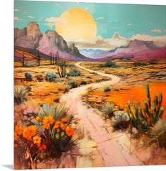 a painting of a dirt road in the desert with mountains and cactus trees on either side