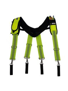 neon green suspenders with black straps and pencils in each side, on a white background