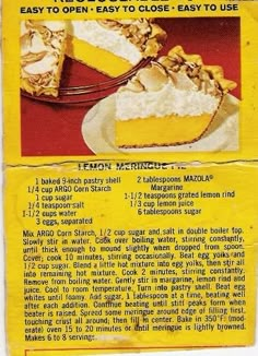 the recipe for lemon meringue pie is shown in an old style magazine advertisement