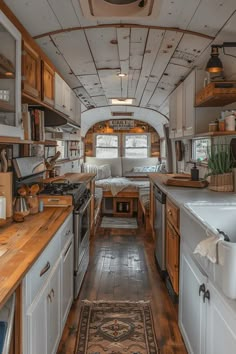 the interior of an rv is clean and ready to be used as a kitchen area