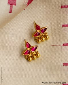 Second Stud Earrings Indian, 2 Gm Gold Earrings, Stone Studs Gold, Ruby Earrings Gold, Stud Earrings Indian, Red Ruby Earrings, Small Earrings Gold