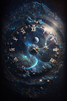 an artistic clock with stars and planets in the background