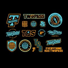 several different types of logos on a black background, including twopasss and t - shirts