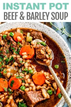 instant pot beef and barley soup in a white bowl with a spoon on the side