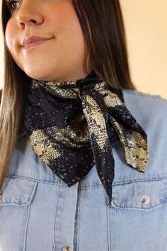 Our beautiful new line of wild rags are so fun and great for the upcoming seasons! Tie this in your hair, around your neck, or around your purse and you're set! Scarf is 100% Silk. Size: Regular Wild rag measures 34.5 x 34.5 inches. SKU: #Charmeuse-Python (1104-2008) Trendy Fall Bandana, Adjustable Black Bandana For Spring, Black Silk Scarf For Spring Gift, Adjustable Black Bandana For Gift, Adjustable Black Bandana Gift, Trendy Black Scarf As Gift, Trendy Black Bandana For Spring, Trendy Black One Size Bandana, Black One Size Bandana Scarf