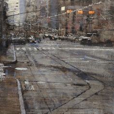 an oil painting of a city street with buildings and cars on the road in the distance