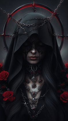 a woman with long black hair and red roses on her chest is wearing a hood