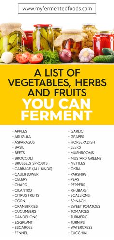 a list of vegetables, herbs and fruits you can ferment on a yellow background