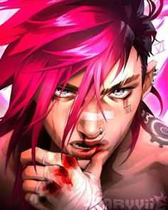 an anime character with pink hair and piercings on his face, holding a knife