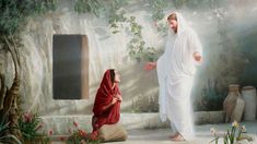 a painting of jesus talking to a woman in front of a wall with plants and flowers