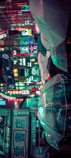 an overhead view of neon lights and signs