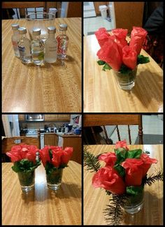 four different shots of roses in glass vases