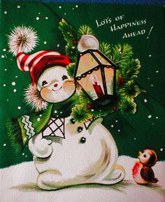 a christmas card with a snowman holding a lantern and an owl sitting next to it