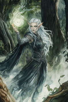 a woman with white hair standing in the woods holding a glowing ball above her head