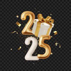 the number twenty two with a gift box and streamers on a transparent background illustration