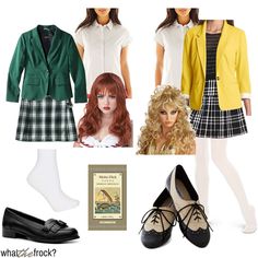 three different outfits and shoes for women with long hair, white tights, green blazer, plaid skirt, black pumps