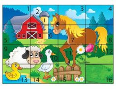 a puzzle with farm animals on it and numbers in the middle, including one pig