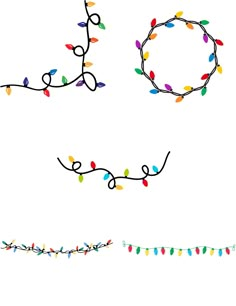 the letters are decorated with christmas lights and garlands on white paper, as well as an image of a string of colored lights