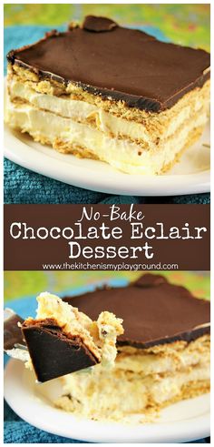 no bake chocolate eclair dessert on a white plate with text overlay