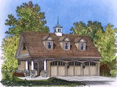 this is an artist's rendering of the front elevation of these garage plans for homes