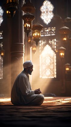 a man sitting on the floor in front of a chandelier with lights coming from it