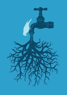 a water faucet with tree roots growing out of it's spout