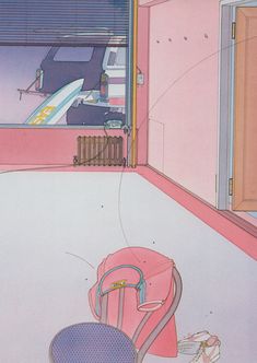 a pink room with a chair and luggage on the floor next to an open window