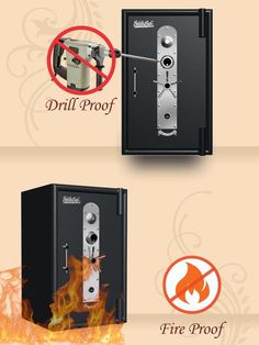 there are two different types of fire proof devices in the picture, one with an open door and one without