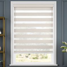 a window with grey and white striped blinds in the living room, next to a book shelf