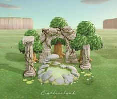 an animated image of a stone arch in the middle of a green field with trees and rocks