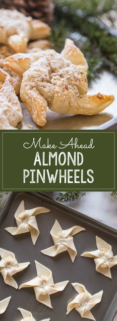 an image of almond pinwheels on a baking sheet with pine cones in the background