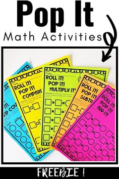 four pop it math activities for kids with the text pop it on them and an arrow pointing