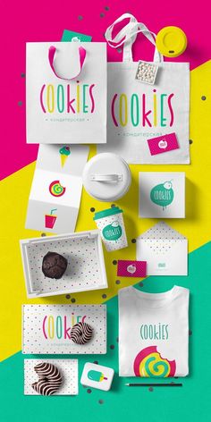 the packaging design for cookies is displayed on a multicolored background with different items