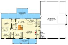 the first floor plan for a home with two separate rooms and an attached garage area