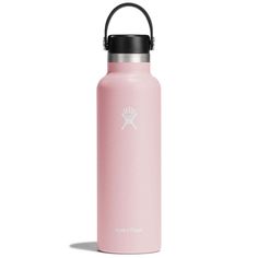 the hydro flask water bottle is pink and has a black lid, with a white logo on it